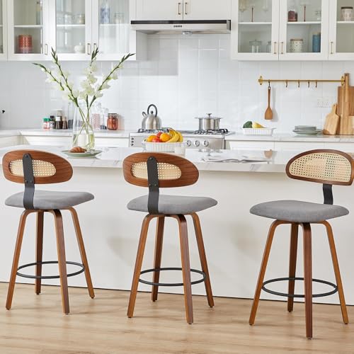 NMVAWIPT Drehbare Barhocker Mit Rattan-Rückenlehne, 2er-Set, 26 Zoll Gepolsterter Sitz, Mid Century Modern Holzrahmen(Dark Gray,Set of 3) von NMVAWIPT