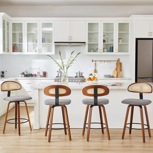 NMVAWIPT Drehbare Barhocker Mit Rattan-Rückenlehne, 2er-Set, 26 Zoll Gepolsterter Sitz, Mid Century Modern Holzrahmen(Dark Gray,Set of 4) von NMVAWIPT
