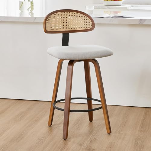 NMVAWIPT Drehbare Barhocker Mit Rattan-Rückenlehne, 2er-Set, 26 Zoll Gepolsterter Sitz, Mid Century Modern Holzrahmen(Gray,Set of 1) von NMVAWIPT