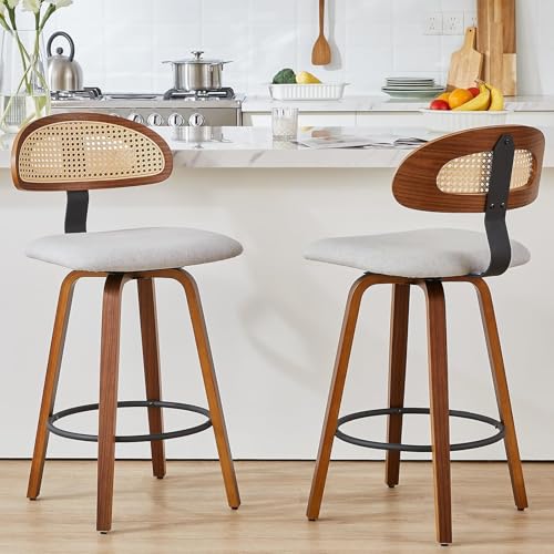 NMVAWIPT Drehbare Barhocker Mit Rattan-Rückenlehne, 2er-Set, 26 Zoll Gepolsterter Sitz, Mid Century Modern Holzrahmen(Gray,Set of 2) von NMVAWIPT