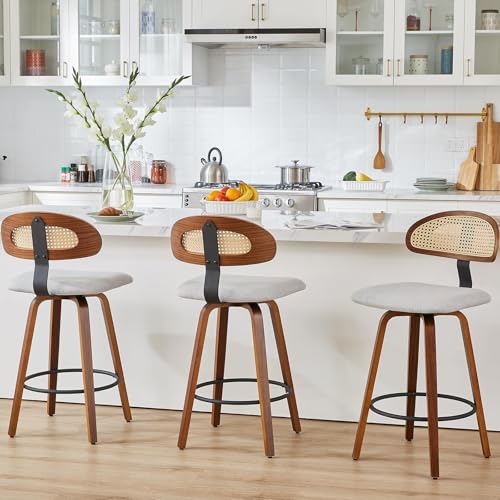 NMVAWIPT Drehbare Barhocker Mit Rattan-Rückenlehne, 2er-Set, 26 Zoll Gepolsterter Sitz, Mid Century Modern Holzrahmen(Gray,Set of 3) von NMVAWIPT