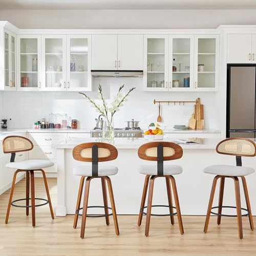 NMVAWIPT Drehbare Barhocker Mit Rattan-Rückenlehne, 2er-Set, 26 Zoll Gepolsterter Sitz, Mid Century Modern Holzrahmen(Gray,Set of 4) von NMVAWIPT