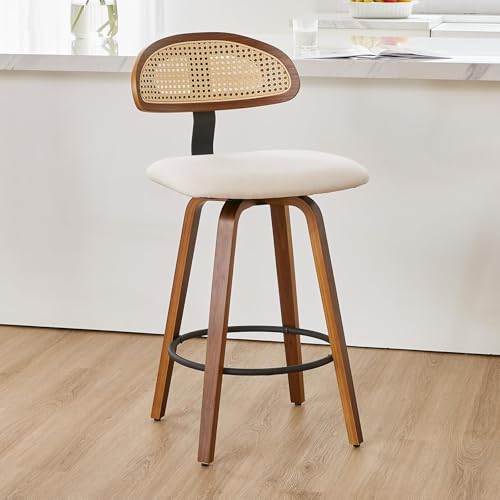 NMVAWIPT Drehbare Barhocker Mit Rattan-Rückenlehne, 2er-Set, 26 Zoll Gepolsterter Sitz, Mid Century Modern Holzrahmen(White,Set of 1) von NMVAWIPT