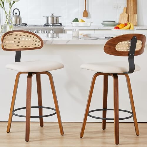 NMVAWIPT Drehbare Barhocker Mit Rattan-Rückenlehne, 2er-Set, 26 Zoll Gepolsterter Sitz, Mid Century Modern Holzrahmen(White,Set of 2) von NMVAWIPT