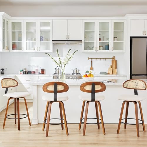 NMVAWIPT Drehbare Barhocker Mit Rattan-Rückenlehne, 2er-Set, 26 Zoll Gepolsterter Sitz, Mid Century Modern Holzrahmen(White,Set of 4) von NMVAWIPT