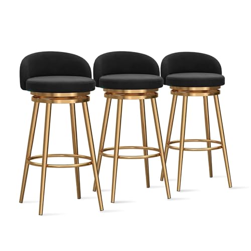NMVAWIPT Drehbare Barhocker Mit Rückenlehne, Moderne Stühle Mit Samtpolsterung Und Goldenen Metallbeinen In Thekenhöhe for Küche, Bar, Café(Black,3PCS) von NMVAWIPT