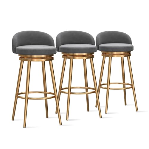 NMVAWIPT Drehbare Barhocker Mit Rückenlehne, Moderne Stühle Mit Samtpolsterung Und Goldenen Metallbeinen In Thekenhöhe for Küche, Bar, Café(Gray,3PCS) von NMVAWIPT