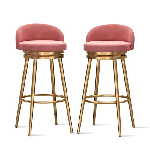NMVAWIPT Drehbare Barhocker Mit Rückenlehne, Moderne Stühle Mit Samtpolsterung Und Goldenen Metallbeinen In Thekenhöhe for Küche, Bar, Café(Pink,2PCS) von NMVAWIPT