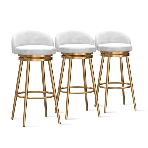 NMVAWIPT Drehbare Barhocker Mit Rückenlehne, Moderne Stühle Mit Samtpolsterung Und Goldenen Metallbeinen In Thekenhöhe for Küche, Bar, Café(White,3PCS) von NMVAWIPT