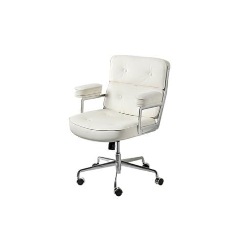 NMVAWIPT Drehbarer Bürostuhl Mit Mittelhoher Rückenlehne Und Verstellbarer Neigung, Aluminiumbasis, Bequemer Ledersitz for Zu Hause(White) von NMVAWIPT