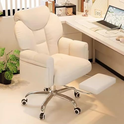 NMVAWIPT Drehbarer Bürostuhl Mit Rollen Und Gepolsterten Armlehnen, Gepolsterter Chefsessel Mit Einziehbarer Fußstütze, Gaming-Stuhl for Zuhause(White,with Footstool) von NMVAWIPT