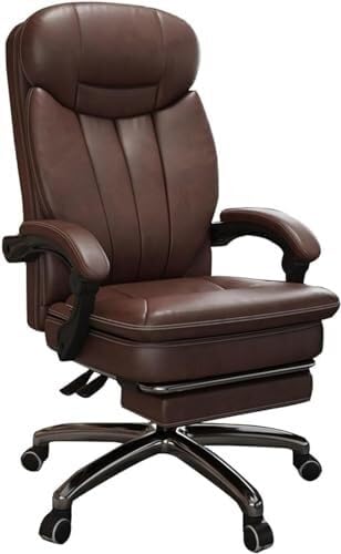 NMVAWIPT Ergonomischer Bürostuhl Mit Fußstütze, Verstellbare 170°-Neigung, Schreibtisch Aus Echtem Leder(Brown) von NMVAWIPT