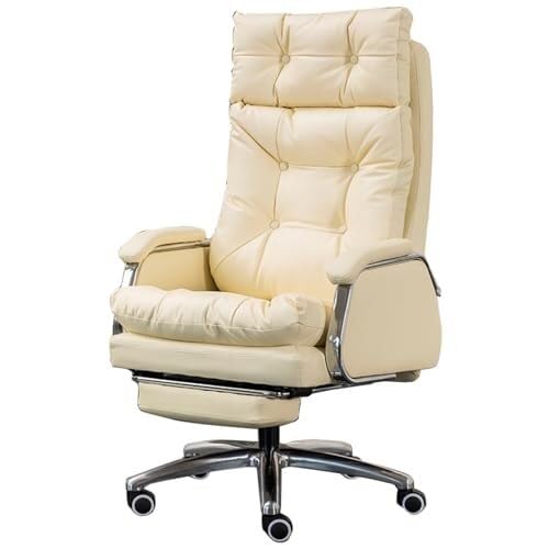 NMVAWIPT Ergonomischer Bürostuhl for Zuhause Mit Einziehbarer Fußstütze – Höhenverstellbar Und Um 90°–155° Neigbarer PU-Leder-Arbeitsstuhl(White) von NMVAWIPT
