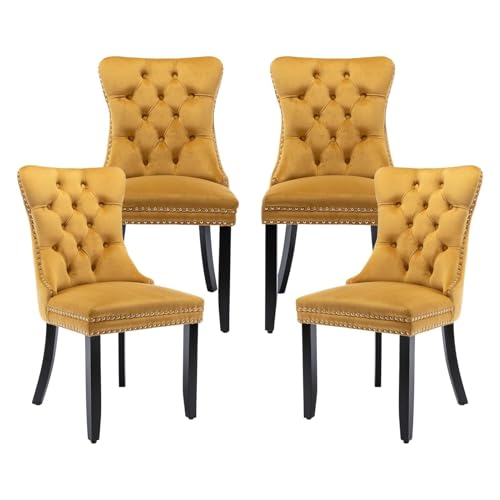 NMVAWIPT Esszimmerstühle Mit Samtpolsterung, Ringzugbesatz Und Knopfrücken, Moderne Sitzgelegenheiten for Küche, Schlafzimmer Wohnzimmer(Gold,Set of 4) von NMVAWIPT