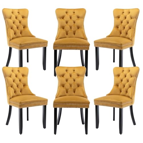 NMVAWIPT Esszimmerstühle Mit Samtpolsterung, Ringzugbesatz Und Knopfrücken, Moderne Sitzgelegenheiten for Küche, Schlafzimmer Wohnzimmer(Gold,Set of 6) von NMVAWIPT