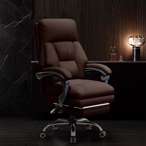 NMVAWIPT Executive-Bürostuhl Mit Hoher Rückenlehne Und Fußstütze, Ergonomischer Gaming- Und Computer-Schreibtischstuhl Aus Leder, 135° Neigung(Brown) von NMVAWIPT