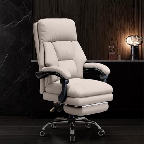NMVAWIPT Executive-Bürostuhl Mit Hoher Rückenlehne Und Fußstütze, Ergonomischer Gaming- Und Computer-Schreibtischstuhl Aus Leder, 135° Neigung(White) von NMVAWIPT