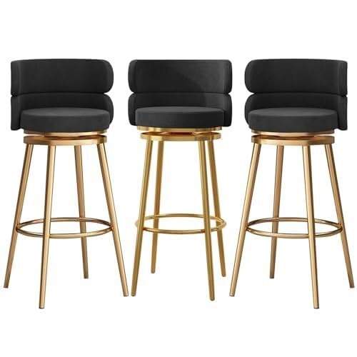 NMVAWIPT Gepolsterte, Drehbare Barhocker, Kücheninselstühle Mit Hoher Rückenlehne Und Fußstütze, Samttheke 360°-Drehung, Metallrahmen(Black-3 Pcs) von NMVAWIPT