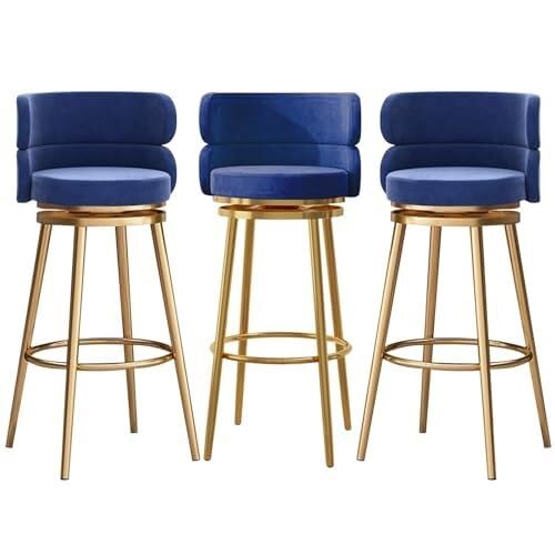 NMVAWIPT Gepolsterte, Drehbare Barhocker, Kücheninselstühle Mit Hoher Rückenlehne Und Fußstütze, Samttheke 360°-Drehung, Metallrahmen(Blue-3 Pcs) von NMVAWIPT