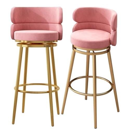 NMVAWIPT Gepolsterte, Drehbare Barhocker, Kücheninselstühle Mit Hoher Rückenlehne Und Fußstütze, Samttheke 360°-Drehung, Metallrahmen(Pink-2 Pcs) von NMVAWIPT