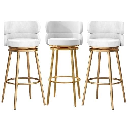 NMVAWIPT Gepolsterte, Drehbare Barhocker, Kücheninselstühle Mit Hoher Rückenlehne Und Fußstütze, Samttheke 360°-Drehung, Metallrahmen(White-3 Pcs) von NMVAWIPT