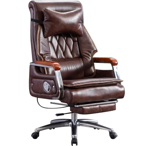 NMVAWIPT Großer Und Hoher Chefsessel, 90° Bis 155° Verstellbarer Drehstuhl Mit Liftfunktion, Ergonomischer Schreibtischstuhl Aus Leder for Büro Und Zuhause(Brown) von NMVAWIPT