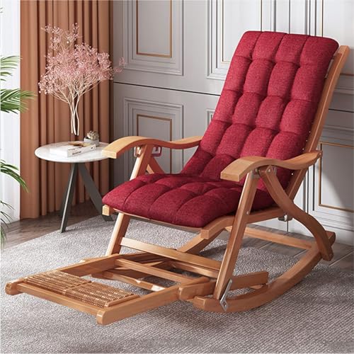 NMVAWIPT Klappbare Schaukelstühle for Die Terrasse for Erwachsene, Gartenliegestühle Aus Holz, 200 Kg Belastbarer Liegestuhl(Chair+red Cushion) von NMVAWIPT