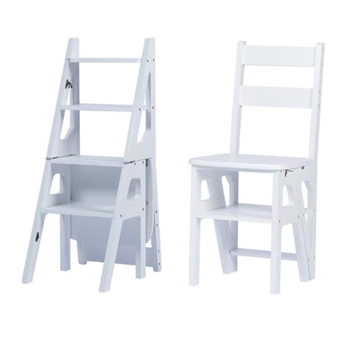 NMVAWIPT Klappbarer Leiterstuhl Aus Bambusholz, Umwandelbarer 4-stufiger Tritthocker, Bibliotheksleiter Und Ausstellungsständer, Vielseitig Einsetzbar for Zuhause, Büro, Küche(White) von NMVAWIPT