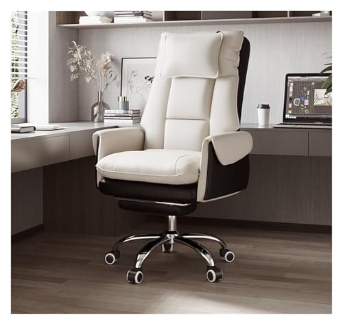 NMVAWIPT Liegender Bürostuhl Aus Leder Mit Kopfstütze Und Lordosenstütze, Drehstuhl for Den Schreibtisch Zu Hause(White Black,Foot Pedal) von NMVAWIPT