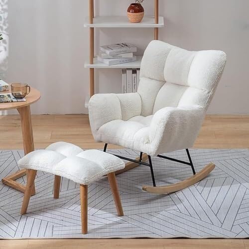 NMVAWIPT Mid-Century Modern Schaukelstuhl – Gepolsterter Sessel Mit Hocker, Ohrensessel Und Armlehnen, Massivholzbasis for Wohnzimmer Oder Schlafzimmer von NMVAWIPT