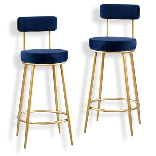 NMVAWIPT Moderne Barhocker Aus Samt Mit Rückenlehne, 2er-Set, Goldfarbener Metallrahmen, Thekenhocker for Küche Und Esszimmer(Blue) von NMVAWIPT