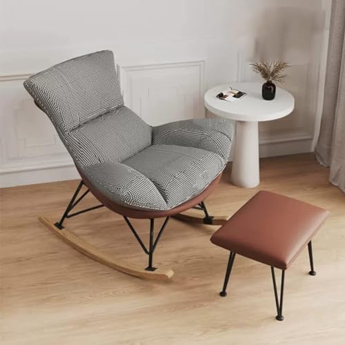 NMVAWIPT Moderner Schaukelstuhl Mit Fußhocker, Stilvoller Loungesessel Mit Holzsockel for Wohnzimmer Und Schlafzimmer(Brown+Plaid) von NMVAWIPT