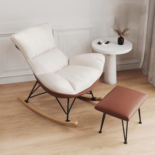 NMVAWIPT Moderner Schaukelstuhl Mit Fußhocker, Stilvoller Loungesessel Mit Holzsockel for Wohnzimmer Und Schlafzimmer(Brown+White) von NMVAWIPT