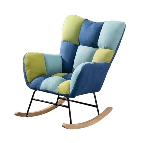 NMVAWIPT Moderner Schaukelstuhl Mit Hoher Rückenlehne, Bequemer Akzentstuhl Mit Holzsockel Und Getuftetem Design, for Kinderzimmer, Wohnzimmer Und Schlafzimmer(Bkue Plaid) von NMVAWIPT