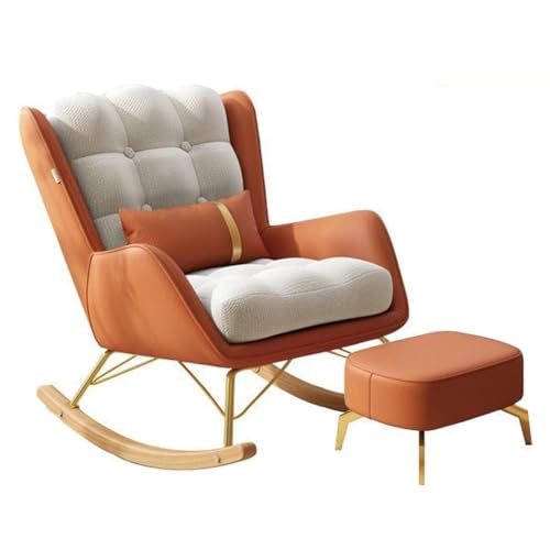 NMVAWIPT Moderner Schaukelstuhl Mit Ottomane, Gepolsterter Ohrensessel Aus Baumwoll-Leinen-Stoff, Breite Sitzfläche, Freizeit(Orange 1,Ottoman) von NMVAWIPT