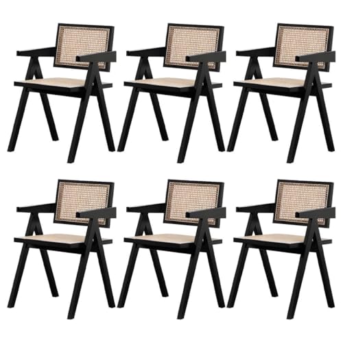 NMVAWIPT Rattan-Esszimmerstühle Mit Beinen Aus Massivholz for Das Esszimmer In Der Küche(Black with Arms,Set of 6) von NMVAWIPT