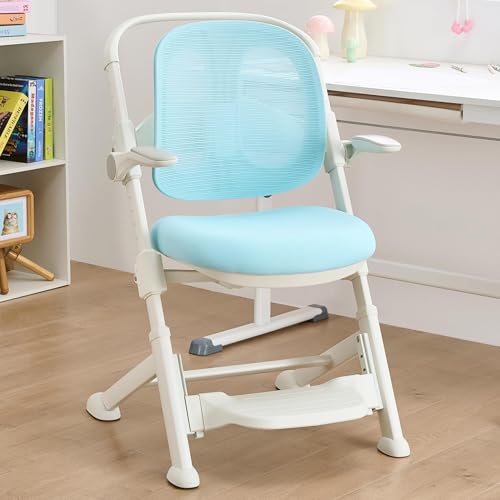 NMVAWIPT Student Ergonomisch Schreibtisch Stuhl Mit Netz Zurück & Fußstütze, Einstellbar Sitz, Flip-up Armlehnen, Lendenwirbelsäule Unterstützung Für Studie & Arbeiten(Blue) von NMVAWIPT