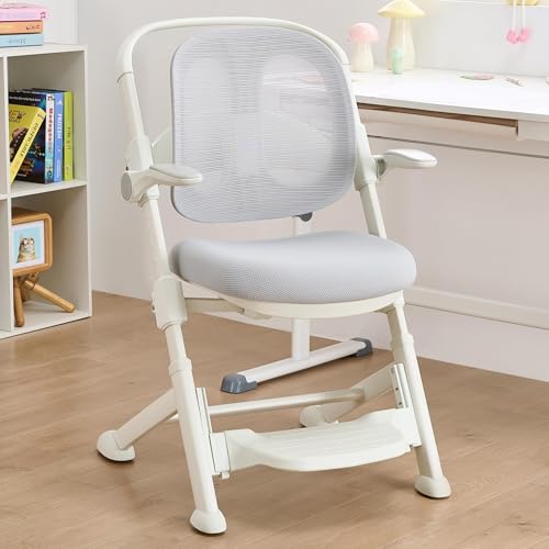 NMVAWIPT Student Ergonomisch Schreibtisch Stuhl Mit Netz Zurück & Fußstütze, Einstellbar Sitz, Flip-up Armlehnen, Lendenwirbelsäule Unterstützung Für Studie & Arbeiten(Gray) von NMVAWIPT
