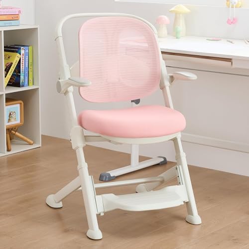 NMVAWIPT Student Ergonomisch Schreibtisch Stuhl Mit Netz Zurück & Fußstütze, Einstellbar Sitz, Flip-up Armlehnen, Lendenwirbelsäule Unterstützung Für Studie & Arbeiten(Pink) von NMVAWIPT