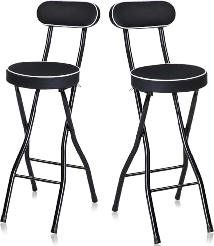 NMVAWIPT Tragbarer Hocker Mit Rückenlehne, Barhocker In Thekenhöhe Mit Gepolstertem Sitz, Esszimmerstuhl, Klappstühle for Küche Und Camping(Black,2PCS) von NMVAWIPT