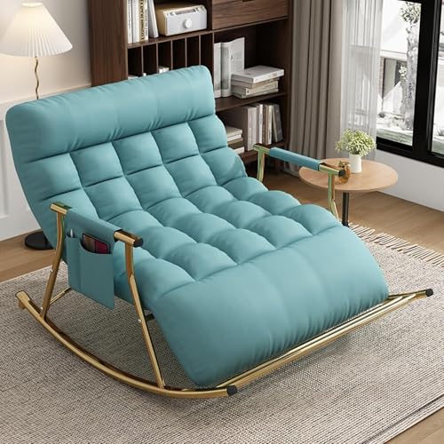 NMVAWIPT Wohnzimmer Moderner Doppelschlafzimmer-Schaukelstuhl Mit Liege-Seitentaschen, Verstellbarer Rückenlehne, Beinstütze, Freizeitcouch(Blue,Gold Pipe) von NMVAWIPT