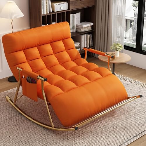 NMVAWIPT Wohnzimmer Moderner Doppelschlafzimmer-Schaukelstuhl Mit Liege-Seitentaschen, Verstellbarer Rückenlehne, Beinstütze, Freizeitcouch(Orange,Gold Pipe) von NMVAWIPT
