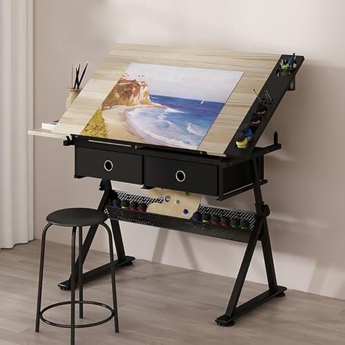 NMVAWIPT Zeichentisch Mit Verstellbarer Höhe, Kippbarer Hocker, Einziehbarer Seitenablage, for Kunst, Arbeitszimmer, Büro-Holzschreibtisch von NMVAWIPT