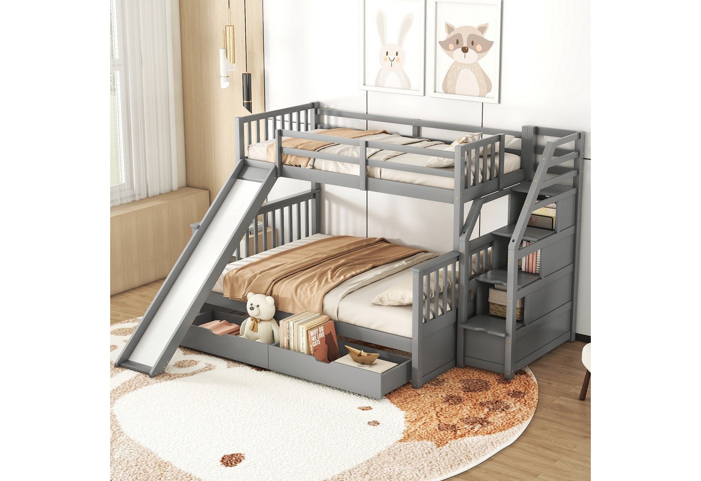 NMonet Etagenbett Massivholzbett Kinderbett (Zwei Betten (90x200/140x200cm), Multifunktionsbett, Mit Rutschen und Leitern, 5 Schubladen von NMonet