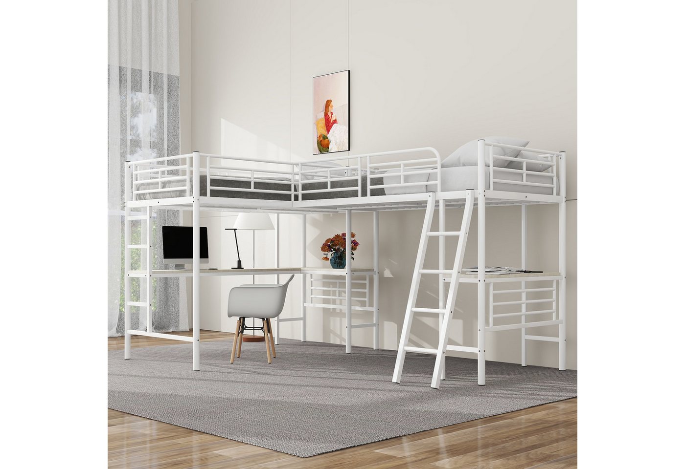 NMonet Hochbett Kinderbett Metallbett (Set) Zwei Etagenbetten, mit 2 Liegefläche und Schreibtisch, 90x200cm von NMonet