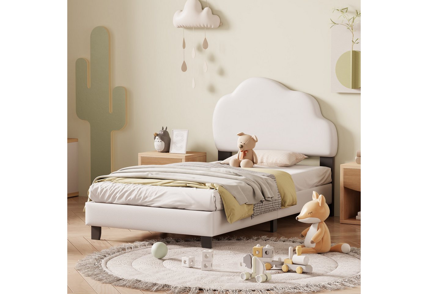 NMonet Polsterbett Einzelbett Kinderbett, Wolkenform Kopfteil, Tagesdecke aus Kunstleder, 90x200cm von NMonet