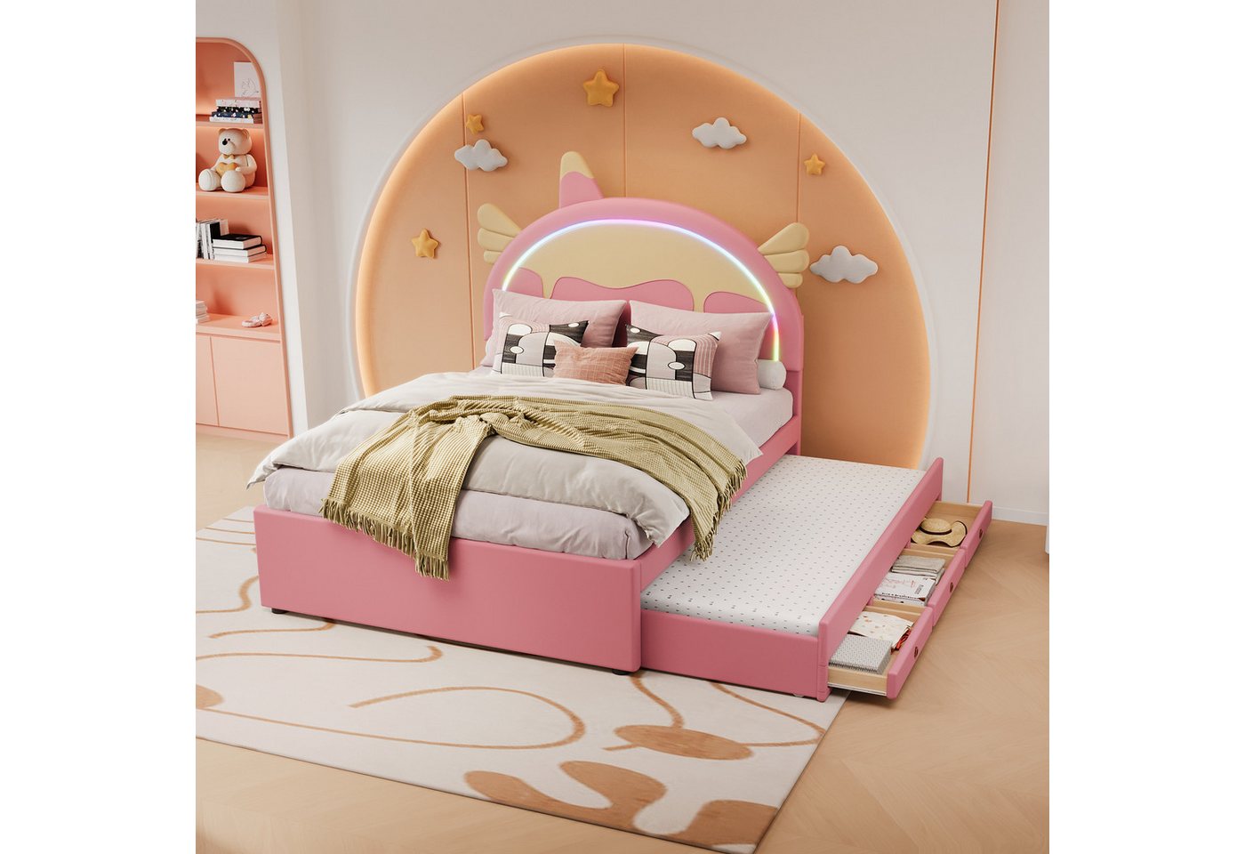 NMonet Polsterbett Kinderbett Stauraumbett( LED-Beleuchtung) (Geeignet für Jungen und Mädchen), Mit ausziehbarem Bett, 3 Schubladen, Einhornform, 140x200cm von NMonet