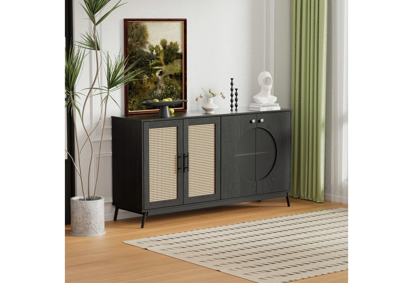 NMonet Sideboard Beistellschrank, Kommode, mit 2 Glastüren und 2 Rattantüren, Schwarz, Breite 160 cm von NMonet