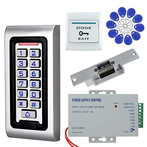 NN99 RFID-Tür-Zugangskontrollsystem-Kit IP65 Wasserdichte Tastatur mit Strike Lock + DC12V 3A Netzteil + 10pcs RFID Keychains von Sebury