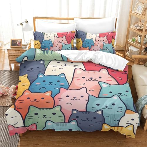 NNAWFJXG Katze 3D Bettwäsche-Set Weich Mikrofaser,Geeignet Für Erwachsene Und Kinder,mit Cartoon Bettbezug Und Kissenbezug Haltbar 3 Teilig Sets Mit Reißverschluss Double（200x200cm） von NNAWFJXG